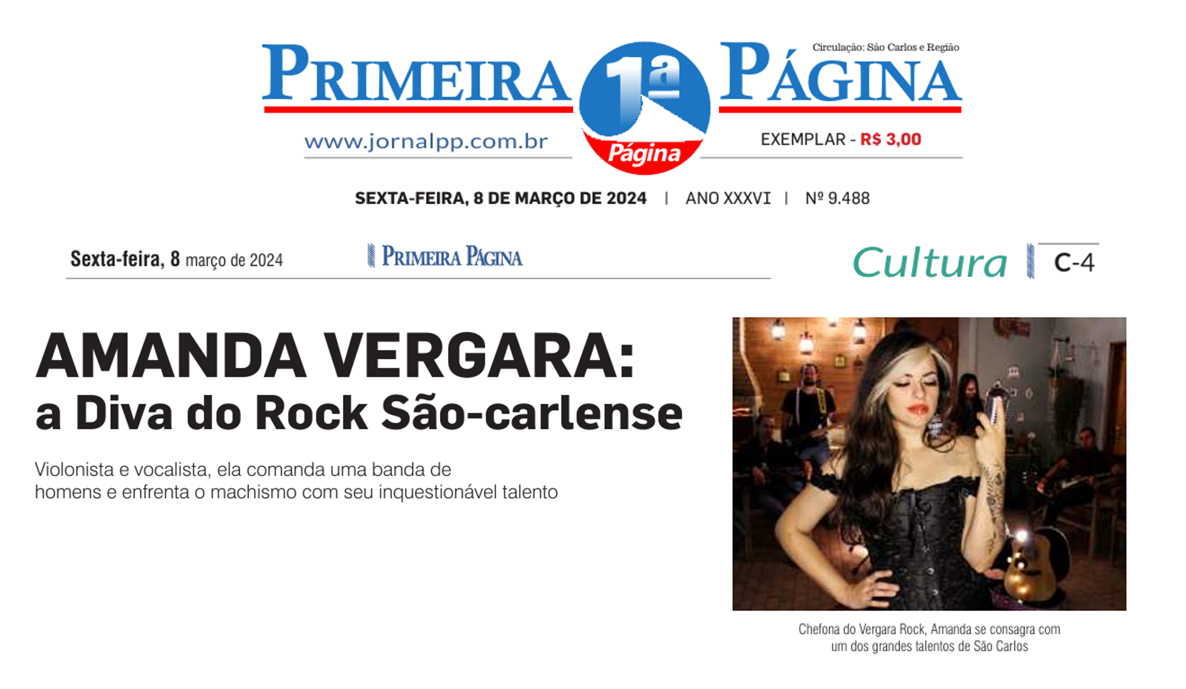 Matéria do jornal Primeira Página: Amanda Vergara, a Diva do Rock São-carlense